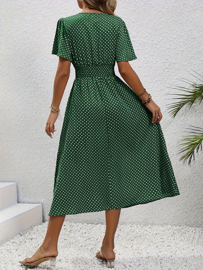 Robe décontractée à pois pour femme avec col en V et manches courtes – Élégante robe longue pour le printemps et l'été