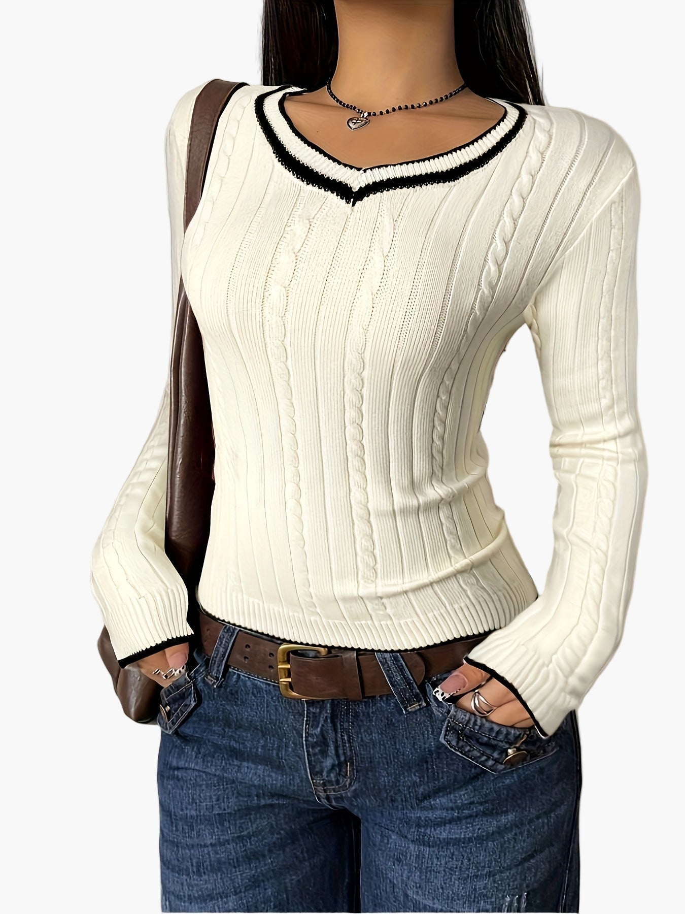 Jersey para mujer con escote en V, ajustado, casual y a la moda – ideal para día a día y ocio