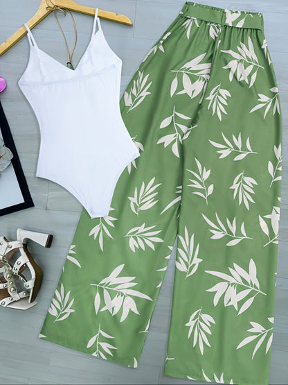 Pantalones Palazzo de talle alto para mujer con estampado de hojas – Estilo casual elegante para primavera y verano