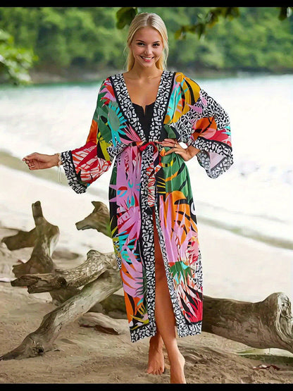 Dame strandkimono lang med tropisk mønster og dyreprint – Perfekt for ferie og resort