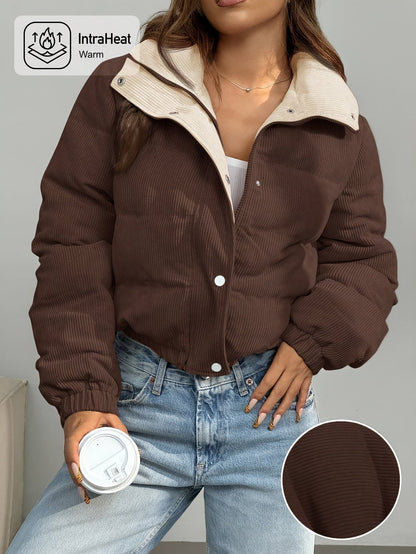Cord Steppjacke Beige mit Rosa Kragen Damen Kurz
