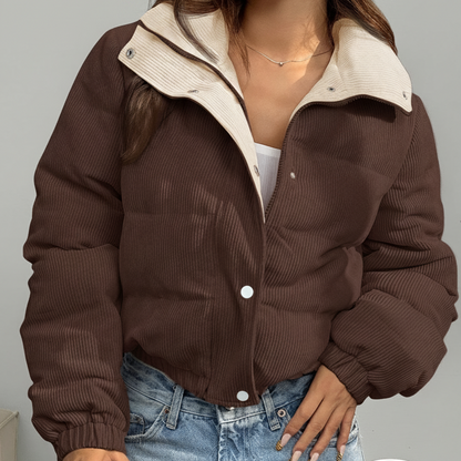 Cord Steppjacke Beige mit Rosa Kragen Damen Kurz