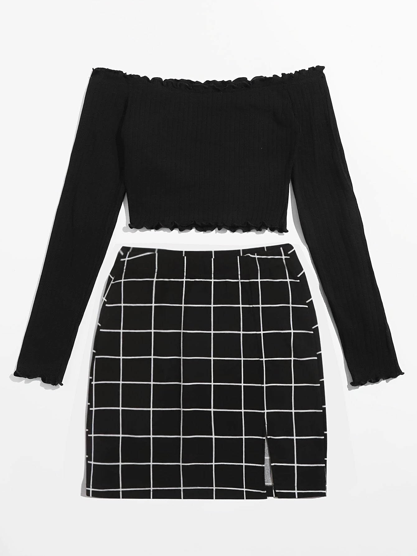 Completo donna con top scollato e minigonna a quadri – Set moda due pezzi per tutti i giorni e uscite