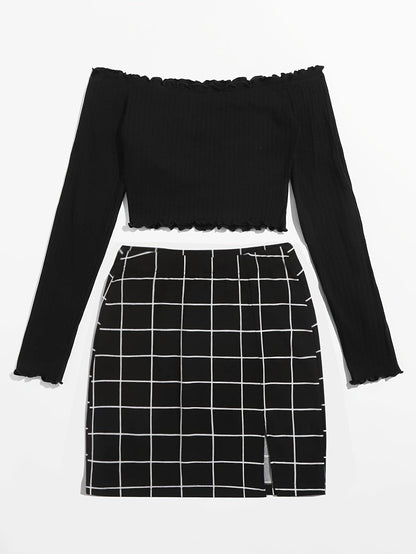 Completo donna con top scollato e minigonna a quadri – Set moda due pezzi per tutti i giorni e uscite
