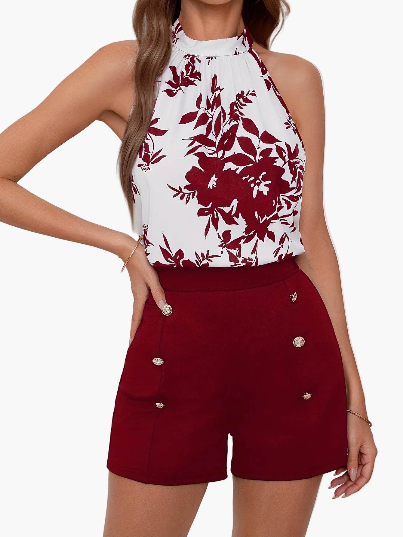 Mono elegante de verano para mujer con estampado floral y detalles de botones