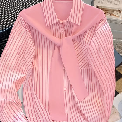 Camisa de rayas para mujer con cuello anudado en rosa