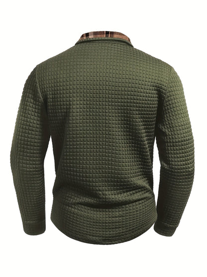 Polo uomo a maniche lunghe in tessuto a nido d’ape, colletto a quadri, verde