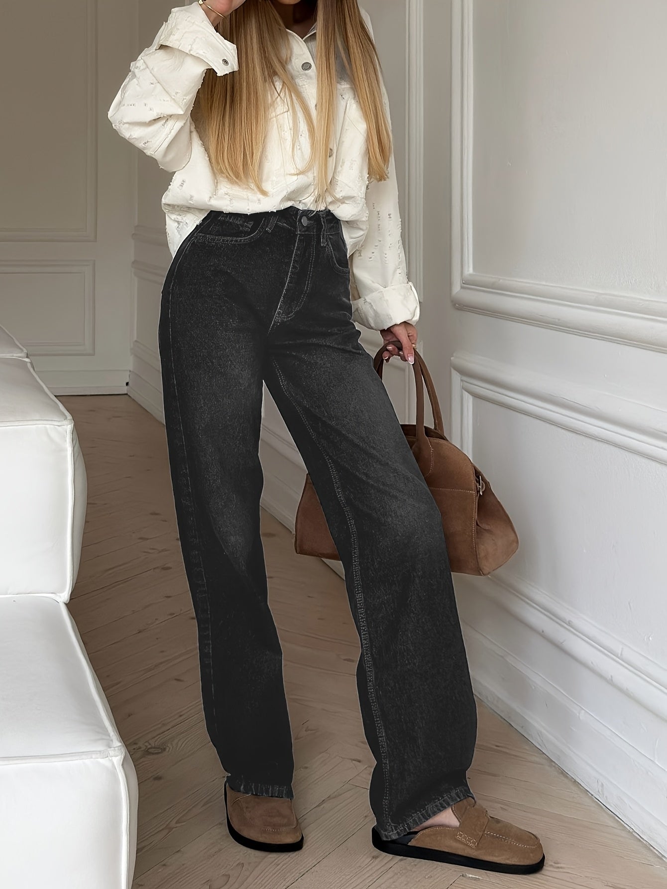 Loose Fit Jeans Damen Denim Weite Passform Hoher Bund