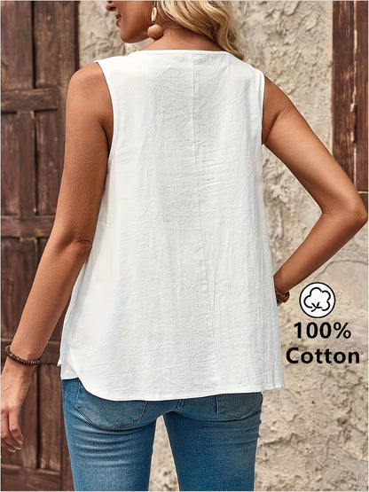 Top Henley sans manches décontracté pour femme avec patte de boutonnage, idéal pour le quotidien et l'été