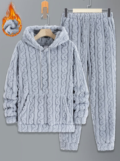 Herren Plüsch Loungewear Set mit Kapuzenpullover und Hose, Zopfmuster, Schwarz