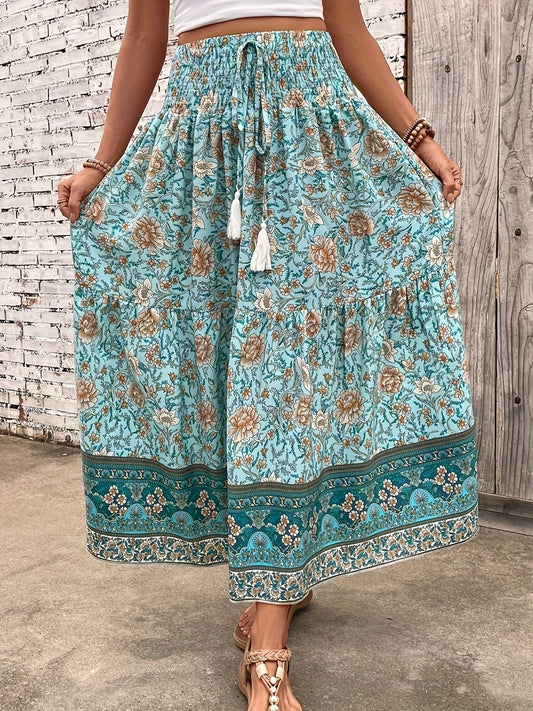 Dame Boho Maxinederdel med blomsterprint, elegant sommernederdel til fritid og ferie