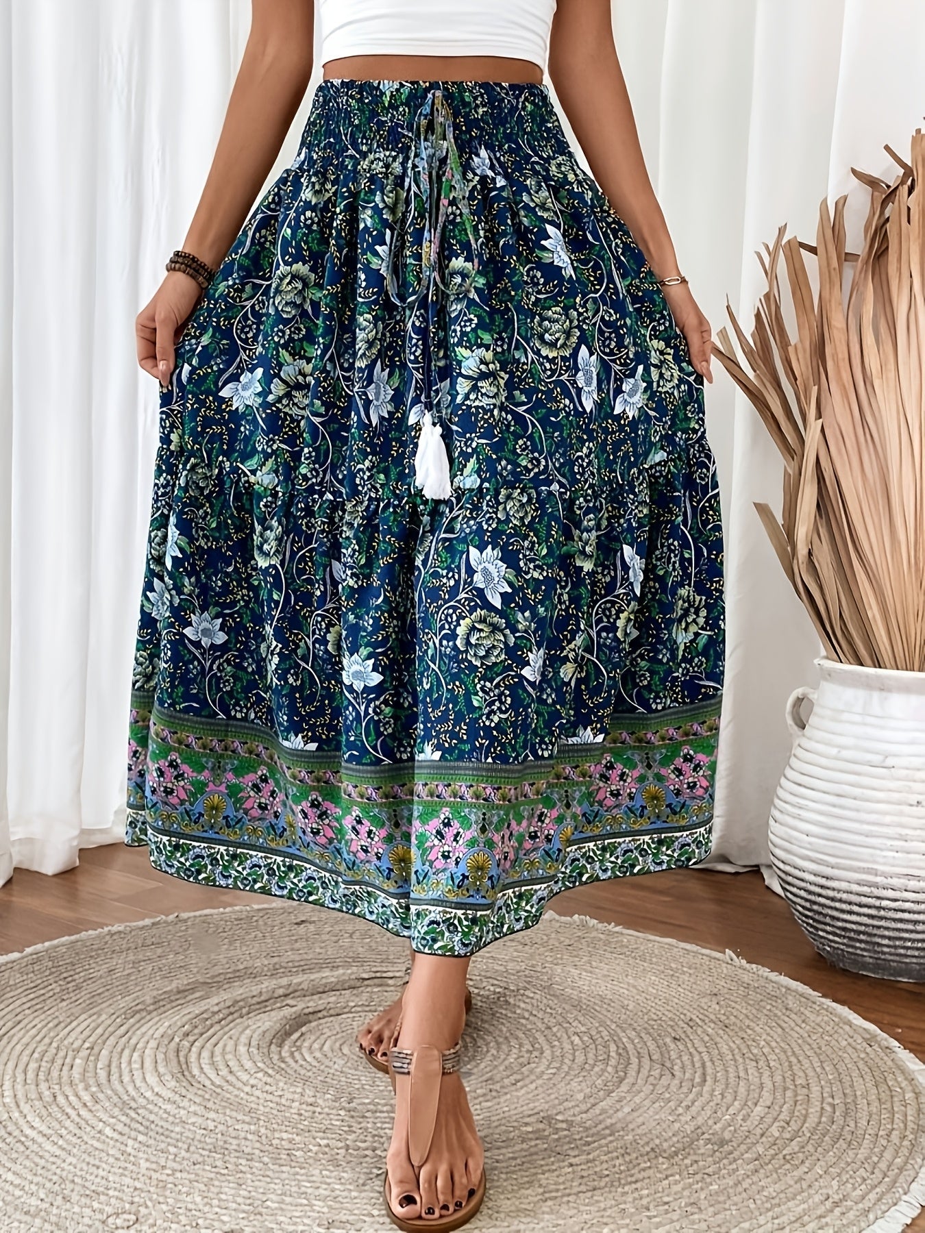 Damen Boho Maxirock mit Blumenmuster, Eleganter Sommerrock für Freizeit und Urlaub