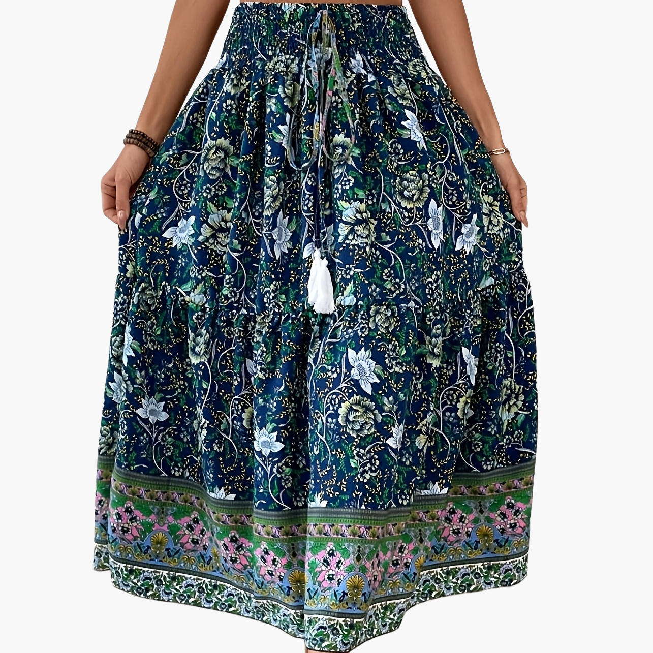 Damen Boho Maxirock mit Blumenmuster, Eleganter Sommerrock für Freizeit und Urlaub