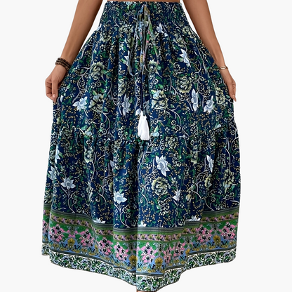 Damen Boho Maxirock mit Blumenmuster, Eleganter Sommerrock für Freizeit und Urlaub