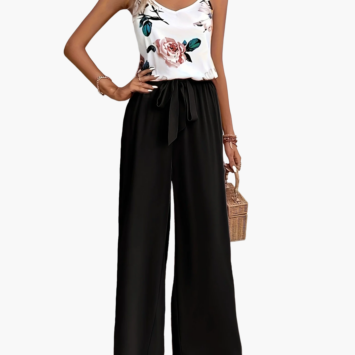 Mono elegante de mujer con estampado floral y pierna ancha – Perfecto para primavera y verano