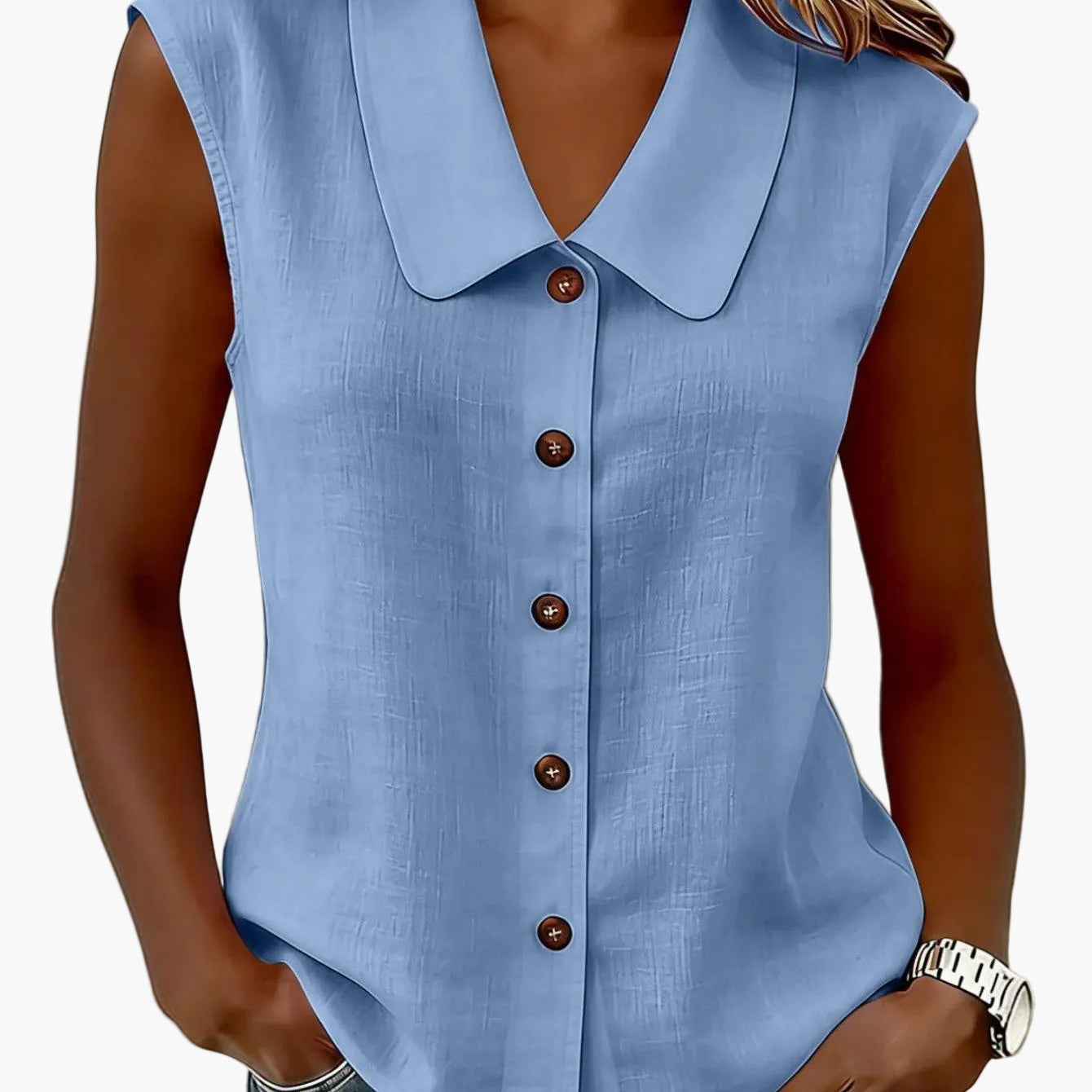 Blouse sans manches pour femme avec patte de boutonnage et grand col – Style décontracté élégant pour le quotidien et le bureau
