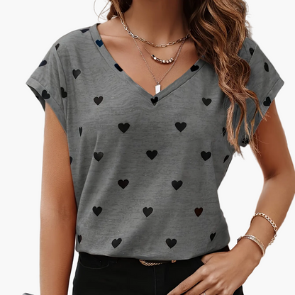 T-shirt élégant pour femme à motif cœur avec col en V – mode estivale décontractée
