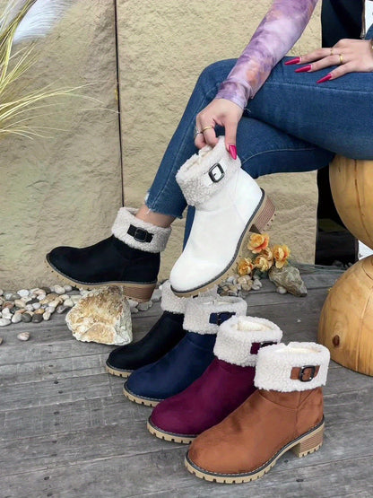 Damen Stiefeletten mit Blockabsatz, Plüschrand und Schnalle, Braun