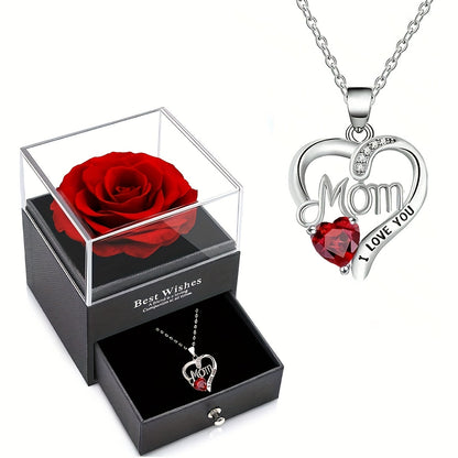 Damen Schmuckset Herz Halskette mit Anhänger 'Mom I Love You' und Geschenkbox mit Ewiger Rose – Elegantes Muttertagsgeschenk