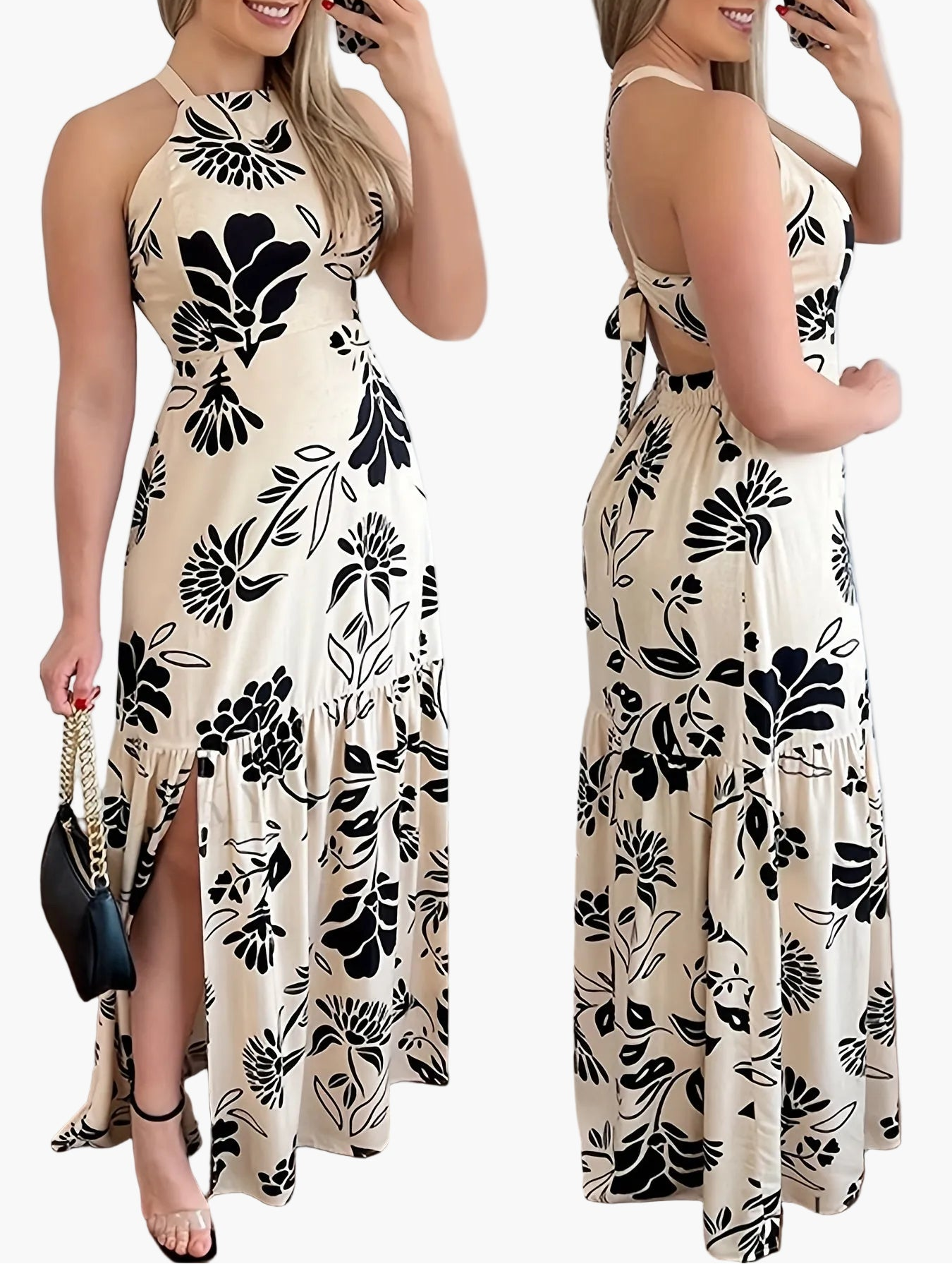 Vestido largo elegante para mujer con estampado floral y escote en la espalda – Perfecto para la playa, vacaciones y fiestas de verano