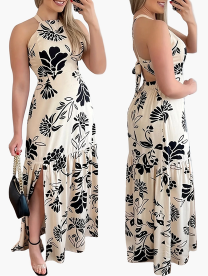 Vestido largo elegante para mujer con estampado floral y escote en la espalda – Perfecto para la playa, vacaciones y fiestas de verano