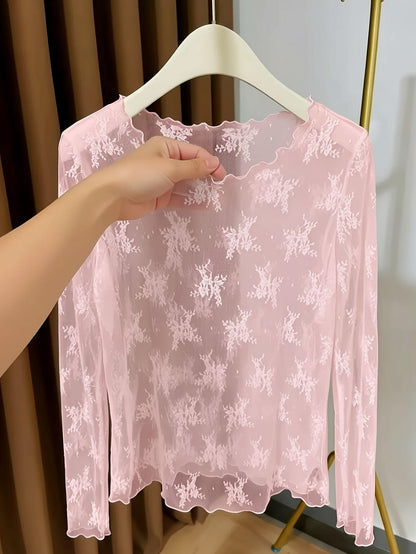 Dame langermet skjorte med blomsterbroderi og transparent design – Elegant overdel for stilfulle antrekk