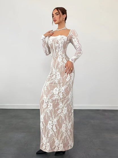 Robe de soirée élégante moulante pour femme avec dentelle et manches longues – Parfaite pour les occasions spéciales