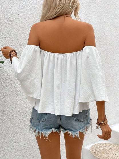 Damska bluzka z odkrytymi ramionami w stylu boho – luźny krój, letnia, elegancka na wakacje i czas wolny