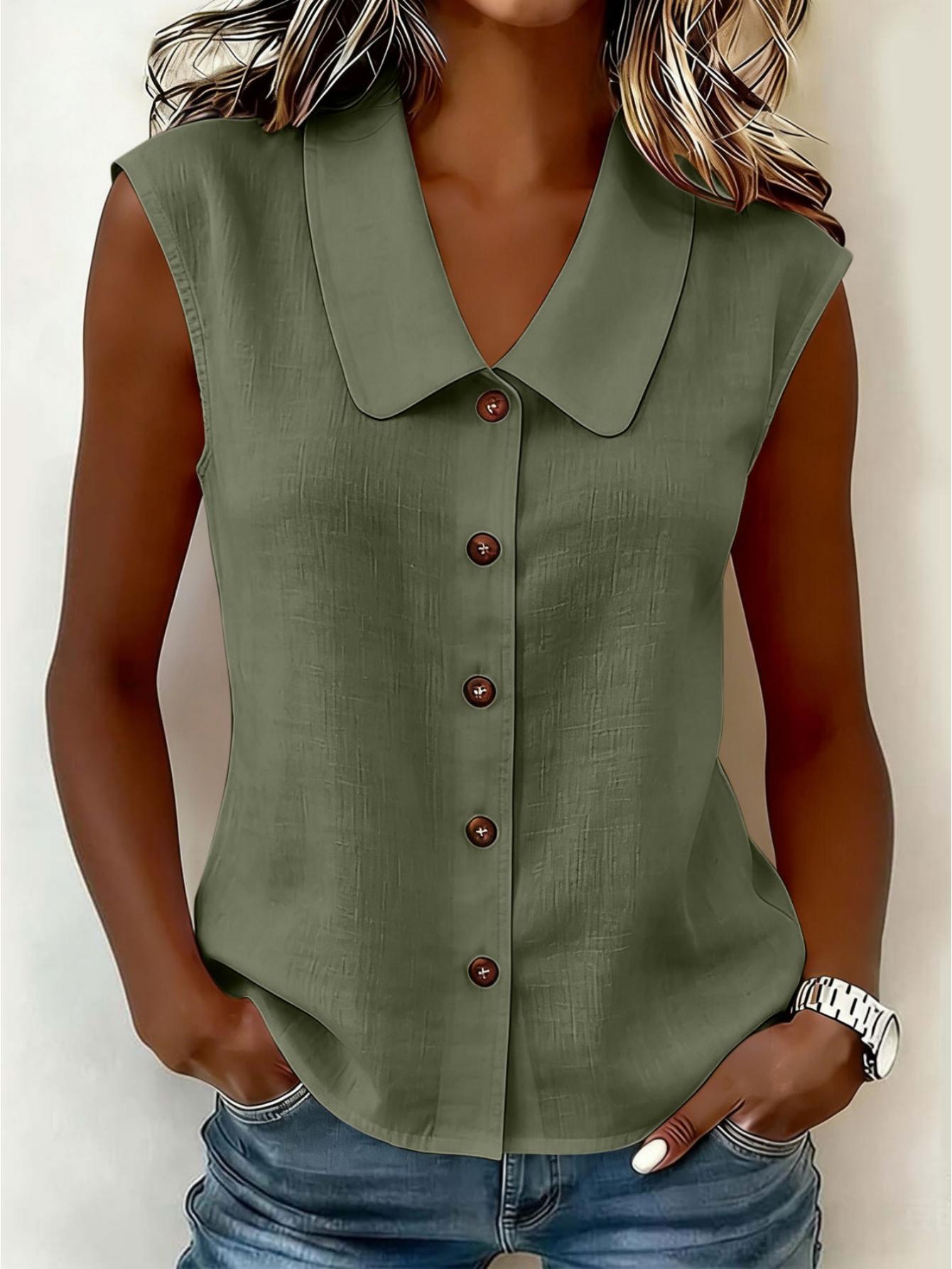 Blouse sans manches pour femme avec patte de boutonnage et grand col – Style décontracté élégant pour le quotidien et le bureau