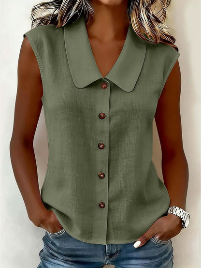 Blouse sans manches pour femme avec patte de boutonnage et grand col – Style décontracté élégant pour le quotidien et le bureau