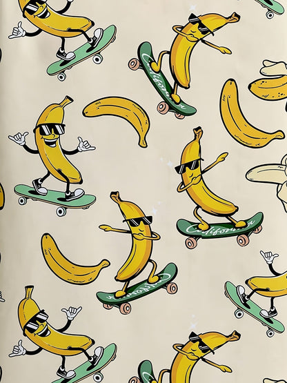 Herre kortærmet fritidsskjorte med skateboard-bananer tegneserieprint – sommerfest statement skjorte