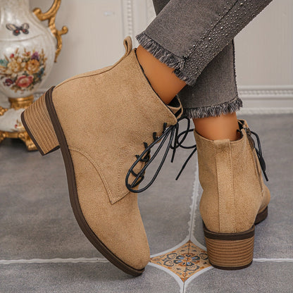 Damen Schnürstiefelette mit seitlichem Reißverschluss, Blockabsatz und spitzer Kappe