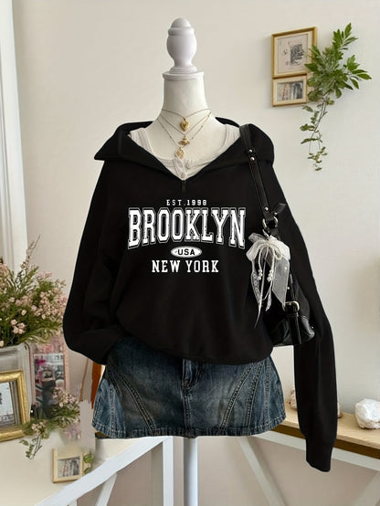 Felpa con cappuccio da donna, stampa Brooklyn, cerniera, collo alto, maniche lunghe, grigio, rosso, blu navy, nero