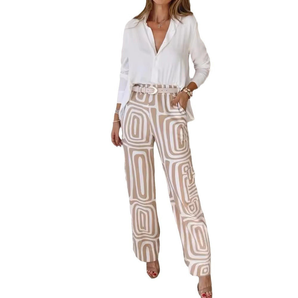 Shannon – Costume décontracté pour femme avec chemise à manches longues à col revers et pantalon à jambes larges