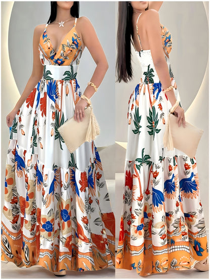 Damen Maxi-Tierkleid mit tropischem Print und tiefem V-Ausschnitt – Elegantes Sommer- und Urlaubsoutfit