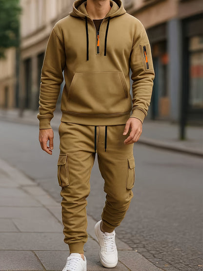 Herren Hoodie & Cargo Jogginghose Set – Loungewear Trainingsanzug mit Reißverschlusstaschen