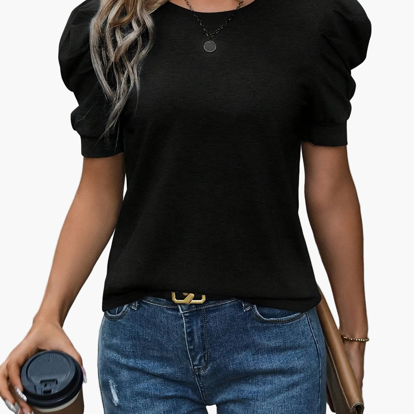 Dame T-shirt med pufærmer Basic Elegant Fritid