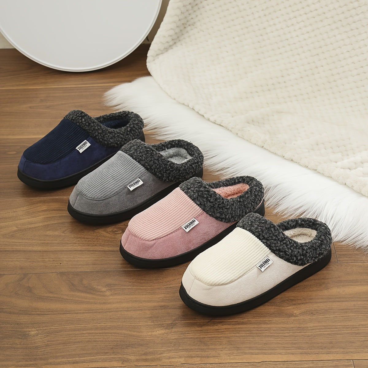 Unisex winterslippers grijs, geribbeld, met pluche voering en stevige zool