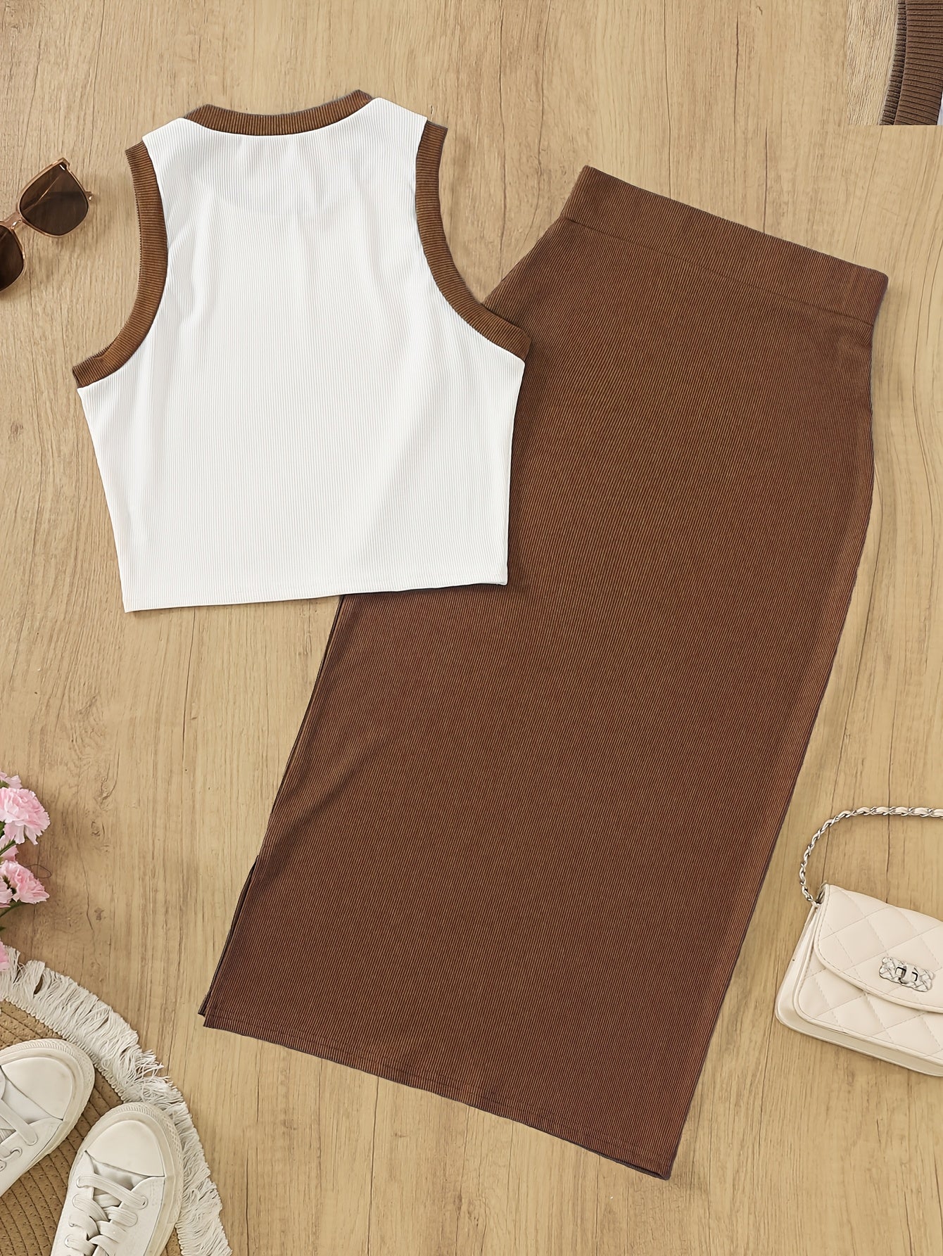 Damski elegancki zestaw 2-częściowy – bezrękawnik crop top i spódnica, stylowy na wiosnę i lato