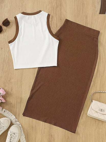 Damski elegancki zestaw 2-częściowy – bezrękawnik crop top i spódnica, stylowy na wiosnę i lato
