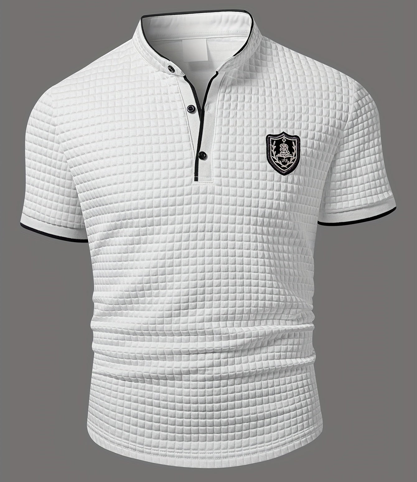 Maglietta Henley da uomo a maniche corte con collo alla coreana e stemma – Top casual moderno per tutti i giorni e uscite