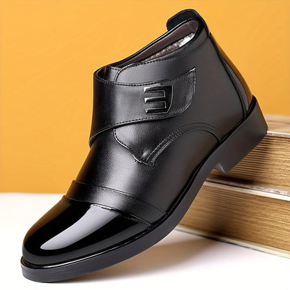 Herren Stiefelette Schwarz Glänzende Zehenkappe Klettverschluss