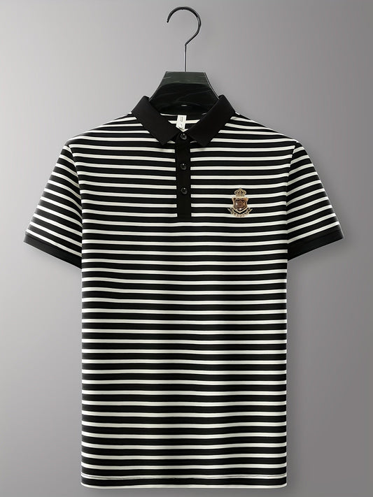 Polo para hombre con rayas y emblema en el pecho – Clásico, de manga corta, estilo casual elegante