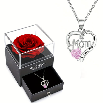Damen Schmuckset Herz Halskette mit Anhänger 'Mom I Love You' und Geschenkbox mit Ewiger Rose – Elegantes Muttertagsgeschenk
