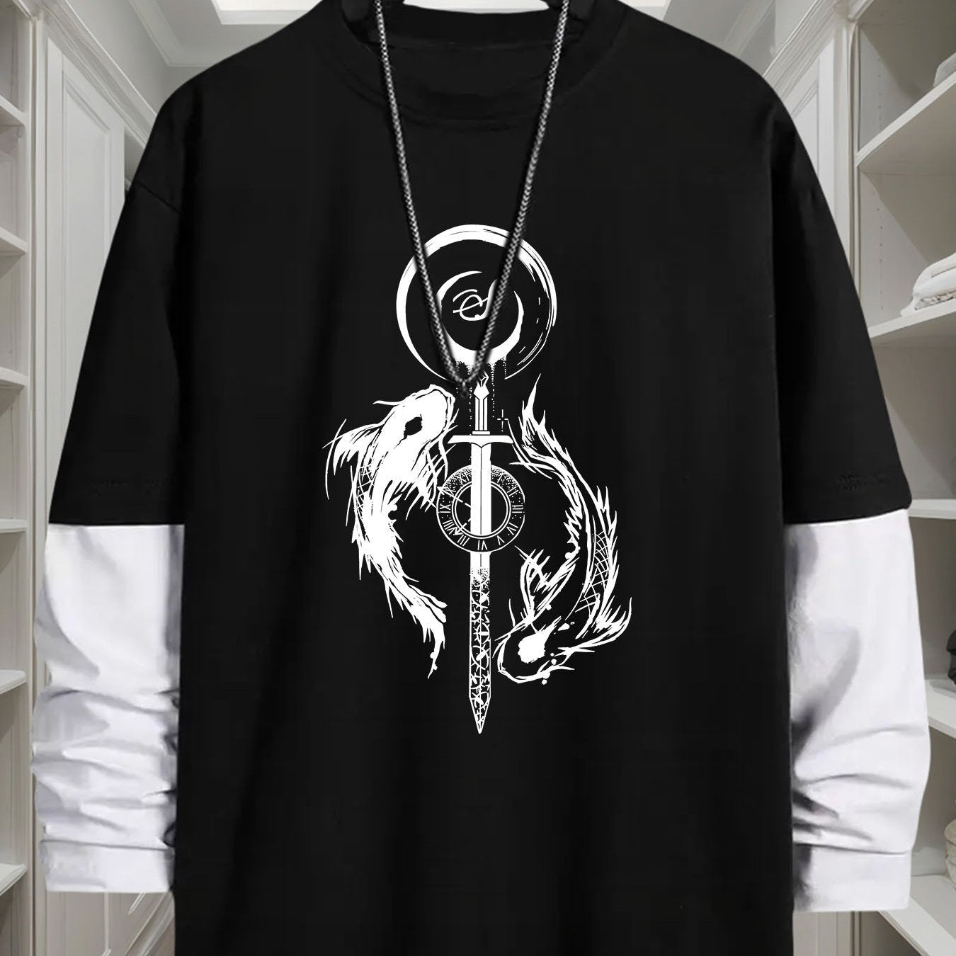 Unisex Langarm-T-Shirt mit Schwert- & Drachen-Print, Mehrfarbig
