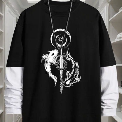 Unisex Langarm-T-Shirt mit Schwert- & Drachen-Print, Mehrfarbig
