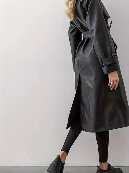 Trench-coat long pour femme – Manteau tendance avec ceinture à la taille et revers, idéal pour l'automne et l'hiver