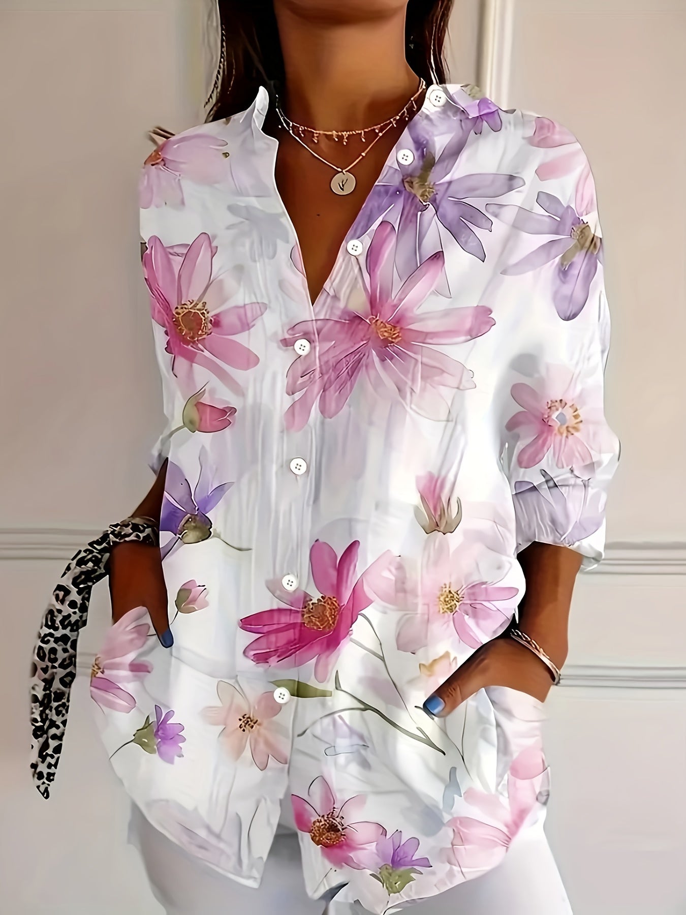 Damen Bluse mit Blumenmuster – Elegante Langarm Hemdbluse für Freizeit und Büro
