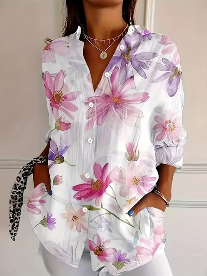 Damen Bluse mit Blumenmuster – Elegante Langarm Hemdbluse für Freizeit und Büro