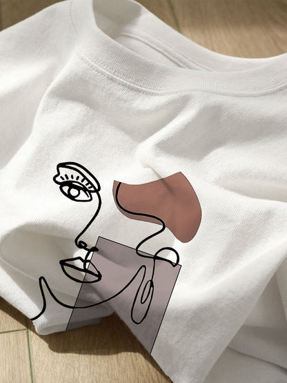 Damen T-Shirt mit abstraktem Gesicht Print – Modernes Kunst Casual Shirt für Alltag & Freizeit